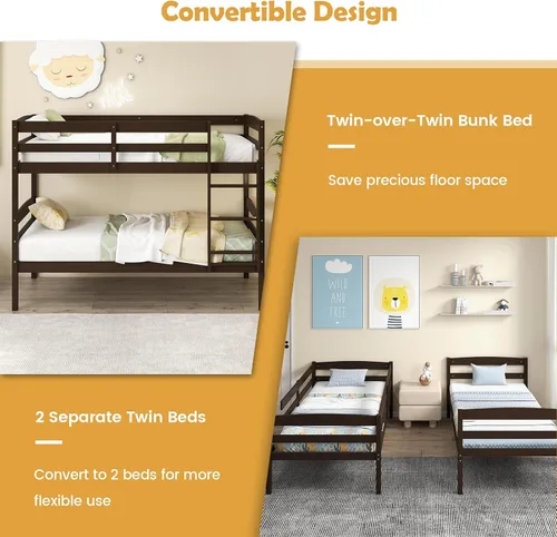 Vista 6 de KOMFOTT - Litera con tamaño doble sobre dos individuales, estructura de litera de madera con barandilla de longitud completa y escalera integrada