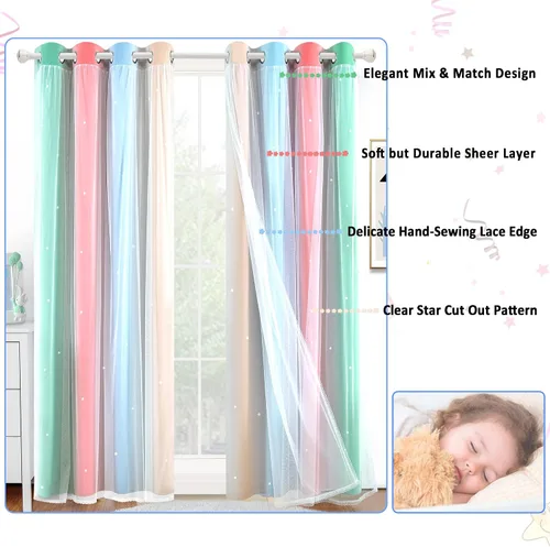 Vista 6 de Cortinas de dormitorio de niños con recortes de estrellas de 2 capas para dormitorio de niñas, cortinas con aislamiento térmico para sala de estar