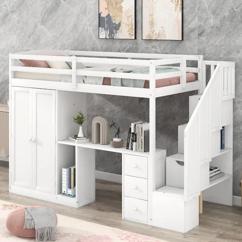 Vista 11 de Quarte Cama tipo loft única con cajones de almacenamiento y escaleras, cama alta de madera tamaño individual con estantes y barandillas, para niños