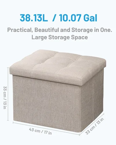 Vista 3 de AmasSmile Otomana beige con almacenamiento, taburetes para pies y piernas, pequeño y bonito, banco corto, otomanos plegables, reposapiés cuadrados