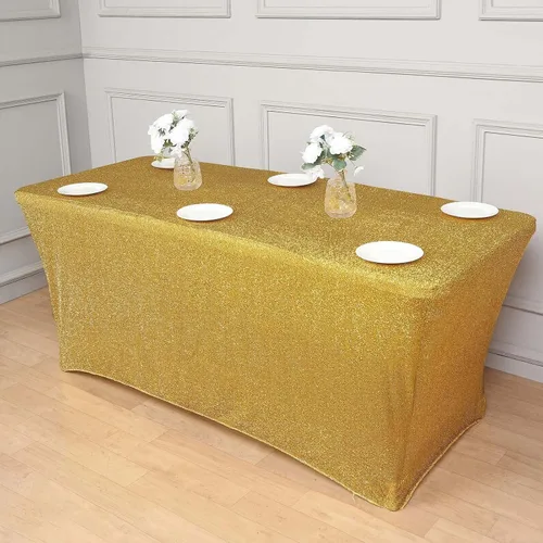 Vista 4 de Efavormart - Mantel rectangular ajustable de elastano de 6 pies, color dorado metálico con purpurina
