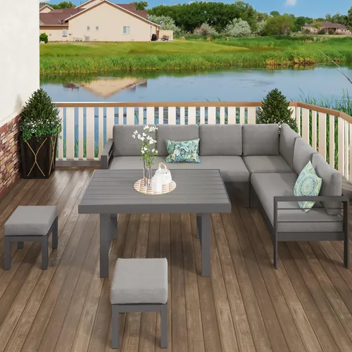 Vista 2 de Solaste Juego de 2 otomanas de patio al aire libre, taburetes de aluminio para exteriores con cojines, muebles de asiento pequeños para balcón