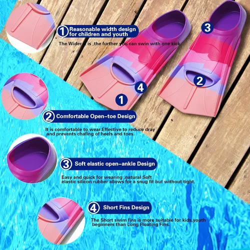 Vista 2 de Aletas de natación para niños, aletas cortas para jóvenes, aletas de entrenamiento de natación para natación de regazo, para niños y niñas Arcoíris-B