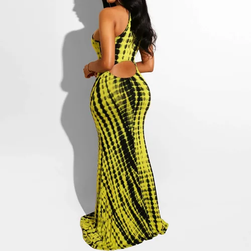 Vista 4 de Vestido largo para mujer, sin mangas, con cuello halter y abertura en la espalda, estampado floral y vintage, para fiestas, la playa y para la noche.