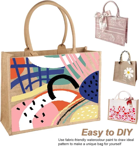 Vista 6 de FITDON Jute Canvas Tote Bag Women, Large Jute Bag Beach Bag Foldable Waterproof Shopping Bags Handbag for Picnic Travel Beach