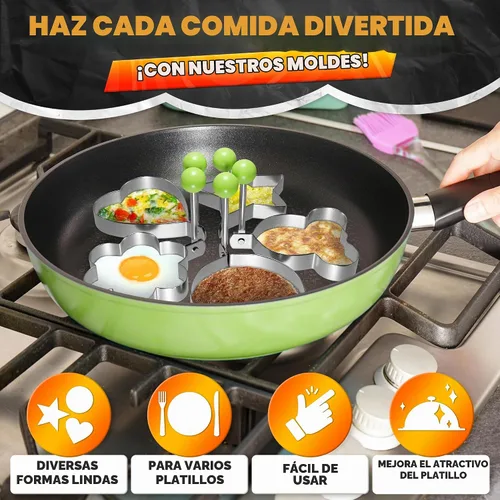 Vista 4 de Juego de moldes para panqueques de 5 piezas, acero inoxidable, asas plegables