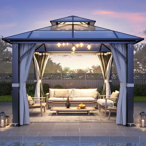 Vista 13 de GARTOO Gazebo de techo rígido para exteriores de 8 x 8 pies con techo doble Negro