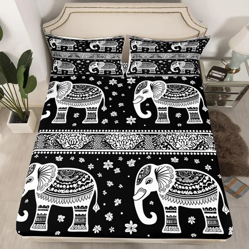 Vista 11 de Juego de sábanas bajeras de elefante, tamaño individual, exótico, bohemio, paisley, floral, para niños, niños, étnico, tribal y vida silvestre