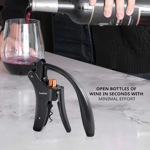 Vista 6 de Ivation Abridor de Botellas de Vino Sacacorchos Manual de Mano con Bomba de Palanca Ergonómica, Diseño Vertical de Pie, Agarre Suave del Cuello