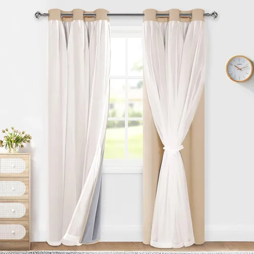 Vista 36 de XWZO Cortinas 100% opacas de doble capa para guardería, cortinas opacas con superposición transparente para dormitorio de niñas, cortinas