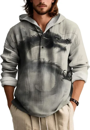 Vista 18 de Sudadera con capucha con estampado novedoso para hombre, multiestilo, manga larga, casual, con botones de un cuarto