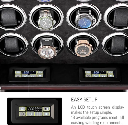 Vista 5 de Enrollador de reloj para 16 relojes automáticos con retroiluminación LED y control de pantalla táctil LCD, Ébano + Negro, Enrolladores de reloj