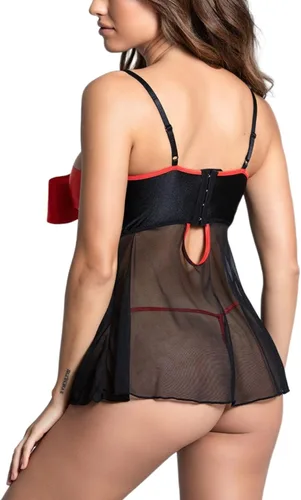Vista 4 de EVELUST Conjunto de lencería sexy de malla transparente para mujer, con lazo rojo, regalo para el día de San Valentín