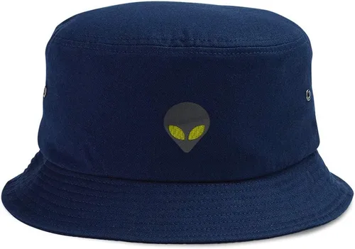 Vista 10 de Custom Bucket Apparel Sombrero Alien Gris Cabeza Ojos Amarillos Bordado para Hombres y Mujeres Solo diseño negro.