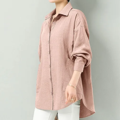 Vista 2 de Pantete Camisas con botones para mujer con bolsillos laterales grandes blusas de algodón liso de manga larga