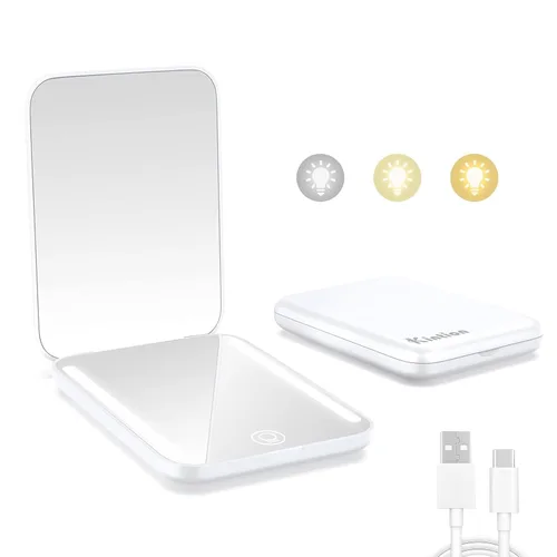 Vista 12 de Kintion Espejo de bolsillo recargable, espejo de tocador compacto de doble cara con aumento 1X/3X, 3 luces de color, regulable, pequeño espejo