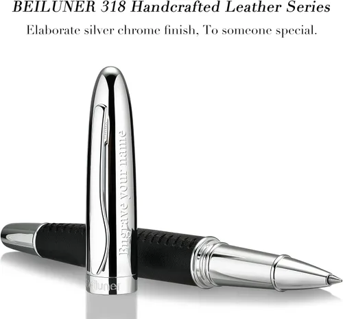 Vista 4 de BEILUNER 318 - Bolígrafo de cuero de lujo personalizado, cuero negro premium cosido a mano, acabado cromado, repuesto Schmidt, elegante set