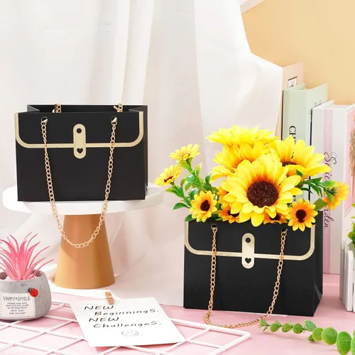Vista 3 de Whaline 6 bolsas de papel de flores con cadena de metal, ramo de almacenamiento, bolsa de floristería, bolsa de mano, cesta de envoltura de ramo