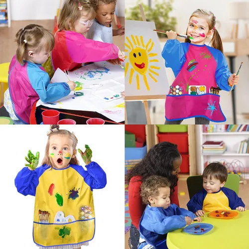 Vista 5 de Paquete de 2 delantales de arte impermeables, delantal de pintura de artista con 3 bolsillos para cocina, suministros de fiesta, manga larga
