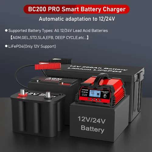 Vista 3 de LVYUAN Cargador de batería de 20 A, 12 V/24 V, cargador de batería inteligente para automóvil con cargador de goteo, cargador LiFePO4 de 12 V