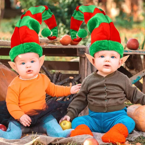 Vista 6 de Hillban 4 piezas de sombreros y orejas de elfo de Navidad, accesorios de gnomo de elfo para disfraz de fiesta de Navidad (estilo a rayas)