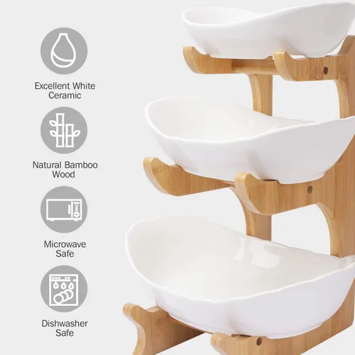 Vista 4 de YYW Cesta de frutas de cerámica de 3 niveles para almacenar frutas y verduras con soporte de frutas de porcelana de madera de bambú para encimera