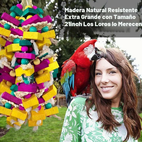 Vista 8 de Juguetes grandes para pájaros, bloque de madera multicolor con soporte de bambú, juguete para masticar pájaros, jaula de loro, juguete de mordida