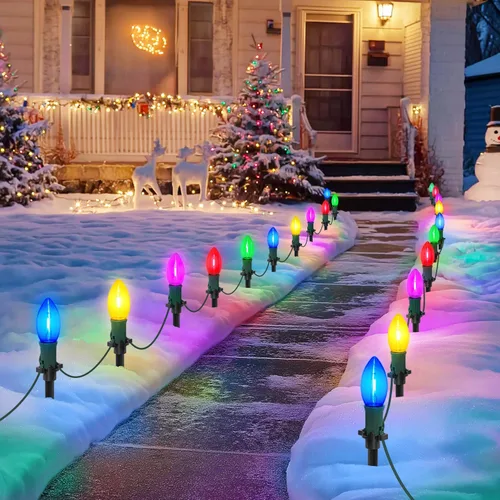 Vista 9 de USOKYO Luces LED C9 de 45 pies para caminos de Navidad al aire libre, 30 bombillas multicolor, impermeables, conectables, luces de Navidad