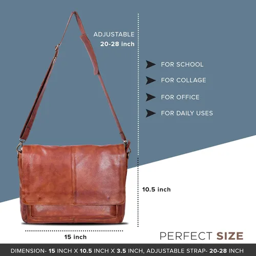 Vista 5 de Bolso de mensajero de cuero real para hombres y mujeres Maletín para laptop para oficina universidad correa de hombro ajustable