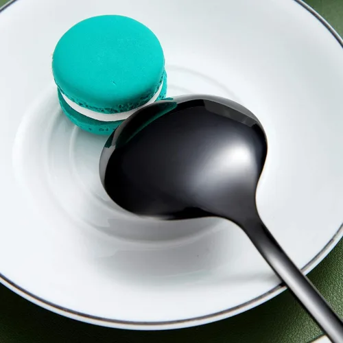 Vista 8 de Berglander - Juego de 4 cucharas de sopa negras de acero inoxidable chapado en titanio de 7.5 pulgadas, cucharas redondas brillantes, juego