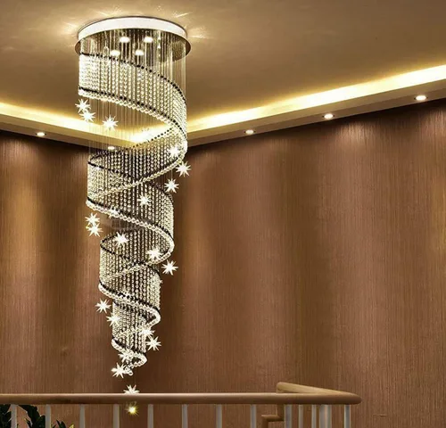 Vista 5 de Moderna lámpara colgante de cristal K9 con forma de gota de lluvia en espiral de cristal, lámpara colgante para sala de estar, hotel, escaleras