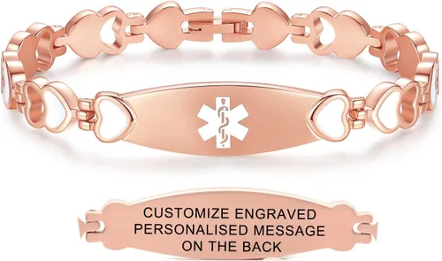 Vista 10 de Pulseras de alerta médica de corazón para mujeres pulseras médicas con grabado personalizable gratuito