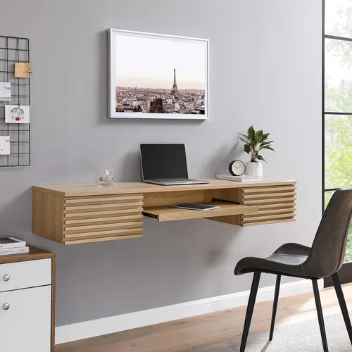 Vista 2 de Modway Render Mid-Century - Escritorio de oficina moderno para montaje en pared, roble