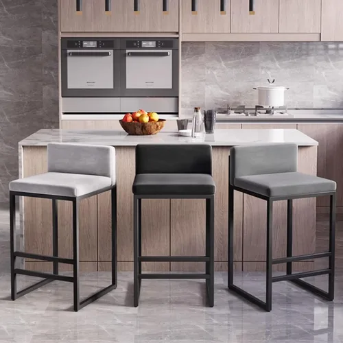Vista 5 de Juego de 1/2 taburetes de bar, sillas de bar tapizadas de terciopelo con reposapiés, taburetes de encimera de cocina, marco de hierro de metal negro
