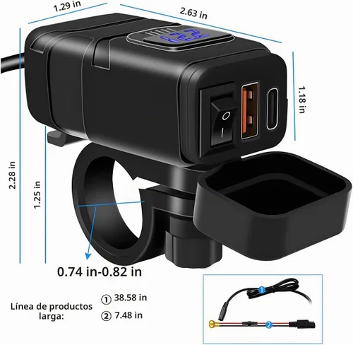 Vista 2 de Ankuee Cargador de teléfono USB para motocicleta, adaptador SAE a USB impermeable con voltímetro e interruptor de encendido/apagado, cargador doble