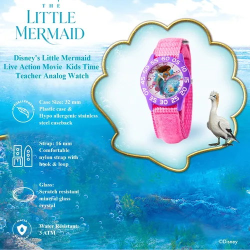 Vista 4 de DISNEY The Little Mermaid Live Action - Reloj analógico de cuarzo para niños, Rosado, Moderno