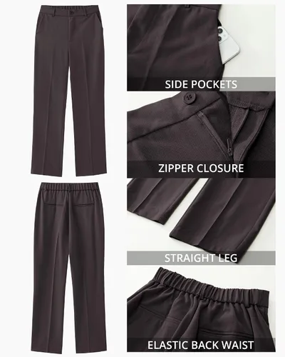 Vista 6 de GRAPENT Pantalones para mujer de trabajo de cintura alta, pantalones de vestir casuales de negocios, ajuste relajado, pierna recta, cintura elástica