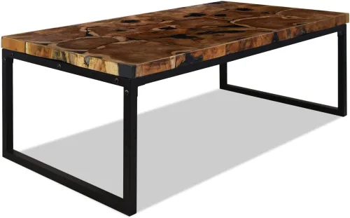 Vista 2 de Black and Brown Teak Wood Coffee Table, 43.3x23.6x15.7 in Rectangular Resin Living Room Table, Rustic Mesa de Centro para Sala, Durable Home