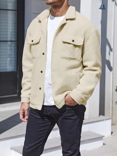 Vista 3 de Runcati Chaqueta de forro polar Sherpa para hombre, casual, con botones, para otoño e invierno, suave, con bolsillo