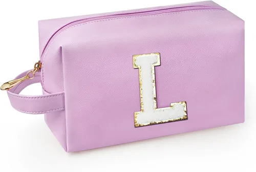 Vista 10 de Bolsa de maquillaje personalizada con inicial con asa, bolsa de cosméticos de preparación con bolsillo interior con cremallera, 8, 9, 10, 11, 12 Rosa
