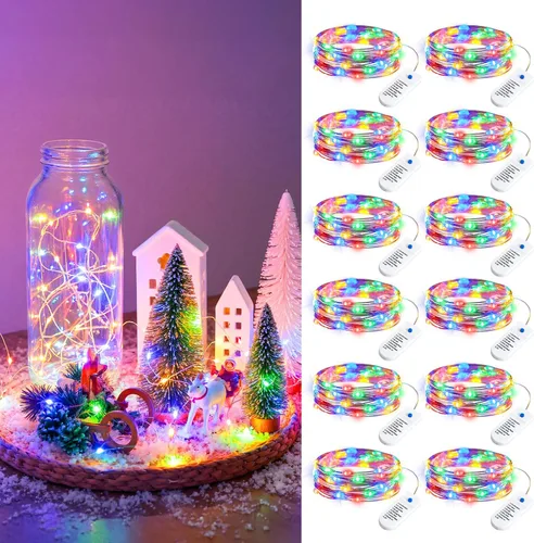 Vista 15 de Minetom Paquete de 12 luces de hadas que funcionan con pilas, 8 modos, 7 pies, 20 LED, 6 colores, impermeables, alambre plateado, luces