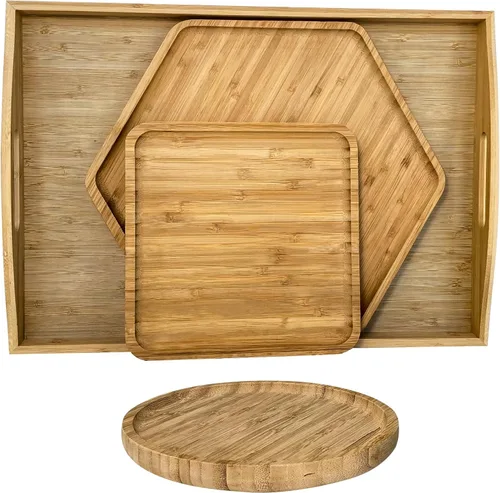 Vista 11 de Bandejas de bambú con tablas de cortar 16.5"x11.8" (42x30cm con asa, el set incluye platos de 0.63" (1.6cm) de grosor 1xHexágono 12.5" (32cm) +