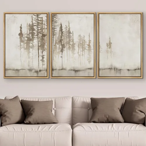 Vista 298 de SIGNFORD - Set de obras de arte en lienzo enmarcado para pared, ilustraciones abstractas de neblina del desierto en tonos neutros beige y marrón