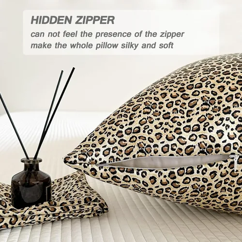 Vista 3 de Funda de almohada de seda de morera con estampado de leopardo, tamaño estándar con cremallera, ambos lados, fundas de almohada de seda pura