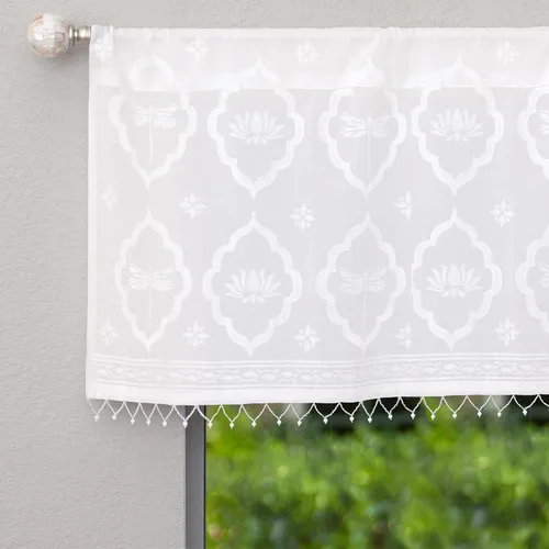 Vista 25 de Saffron Marigold Cortina de cenefa impresa a mano con ribete de cuentas, velo de novia blanco, perfecta para cocina, dormitorio, baño, comercio