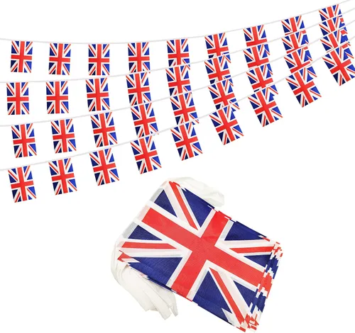 Vista 19 de Bandera argentina de 50 pies con cadena de bandera argentina, mini bandera argentina pequeña, para decoración de fiestas, tiendas y bares