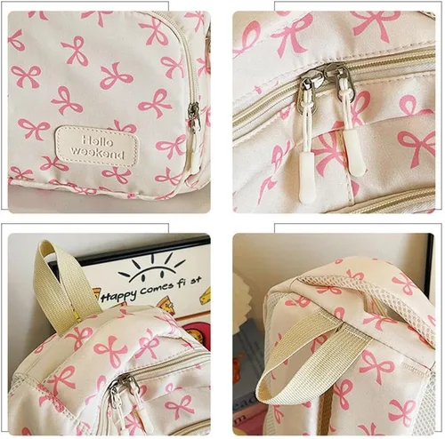 Vista 3 de Juego de 3 bolsas de mochila con lazo, lindo juego de mochila kawaii estética mochila con lazo con organizador integrado, Rosado, Tamaño único