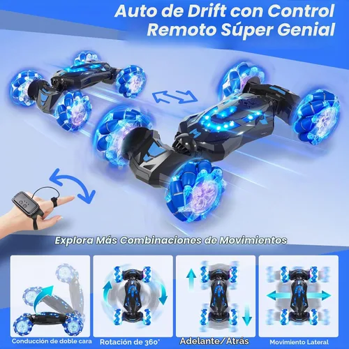 Vista 4 de Coche Acrobático RC con Sensor de Gestos, 4WD Drift Controlado a Mano con Giros de 360°, Truco de Luces y Música, Coche de Juguete es un Genial Azul