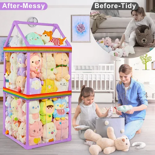 Vista 6 de Basumee Almacenamiento de animales de peluche, zoológico, para niños, con dos correas de arco iris, tubo de PVC, organizador de almacenamiento