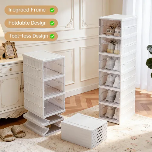 Vista 4 de ZLLZUU Caja de almacenamiento de zapatos, organizador de zapatos plegable de 6 niveles sin ensamblaje con puerta transparente, estante para zapatos
